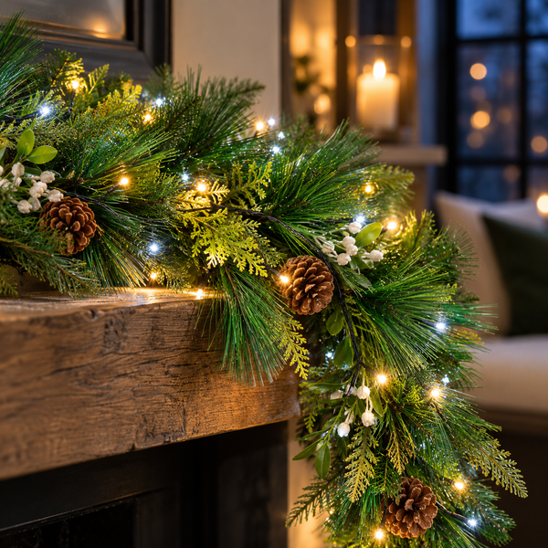 A festive Christmas garland draped over a rustic wooden mantel, decorated with green pine and fir branches, brown pinecones, small white berries, and warm white string lights in a cozy indoor setting.