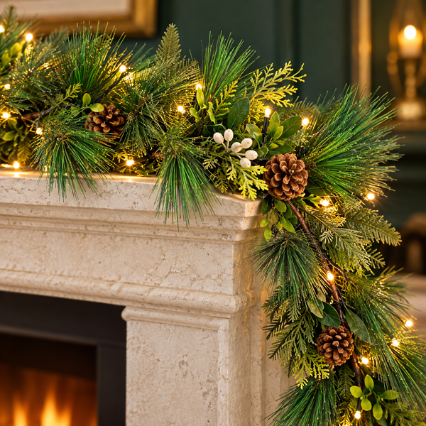 A festive Christmas garland draped over a stone fireplace mantel, featuring green pine branches, brown pinecones, small white berries, and warm white string lights.