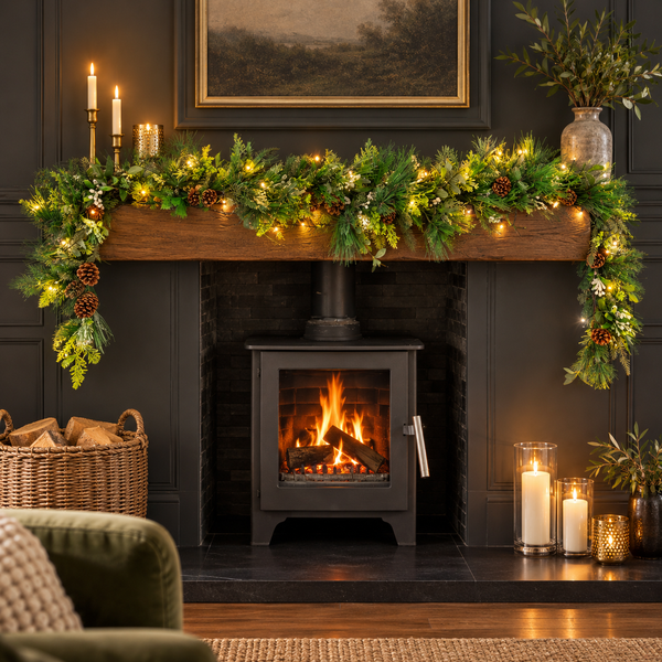 A cozy fireplace scene with a green garland draped over a dark wood mantel, decorated with warm string lights, pinecones, and evergreen branches. A black wood-burning stove is lit in the fireplace, with candles, a wicker basket of logs, and plants arranged around the fireplace in a dark room.