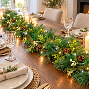 A festive Christmas table runner made of green pine and fir branches with warm white string lights, pinecones, and small white berries, set on a wooden dining table with place settings and chairs.