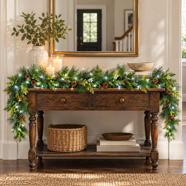 A dark wood console table decorated with a green pine garland lit with white fairy lights, accented with pinecones, in a warm, festive interior setting.
