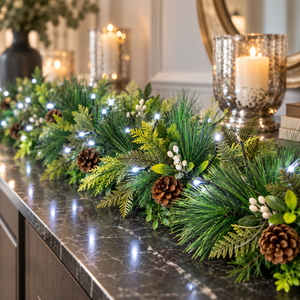 A festive green garland with pine branches, brown pinecones, white berries, and glowing white string lights, displayed on a dark marble countertop with candles and a mirror in the background.