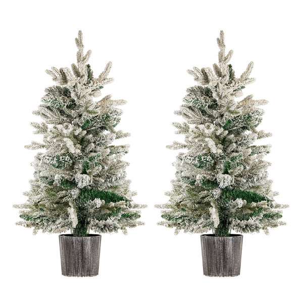 Two flocked Christmas trees in gray textured pots, shown side by side on a white background.