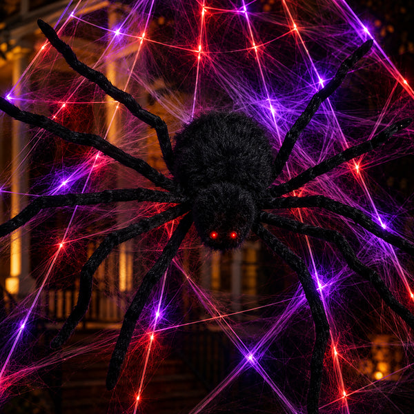 A large black spider decoration with glowing red eyes, surrounded by purple and red web-like lights against a dark outdoor porch background.