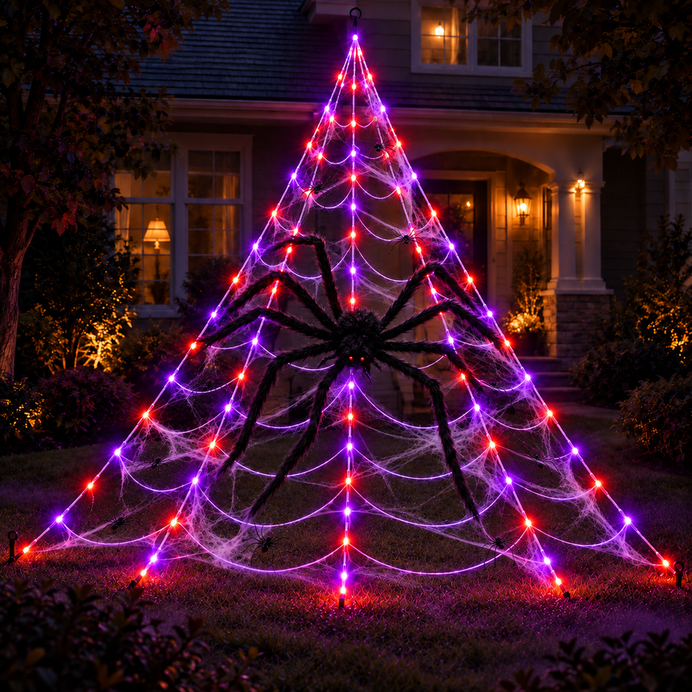 A large Halloween yard decoration shaped like a spider inside a triangular web frame, lit with purple, pink, and red LED lights on a lawn in front of a house at night.