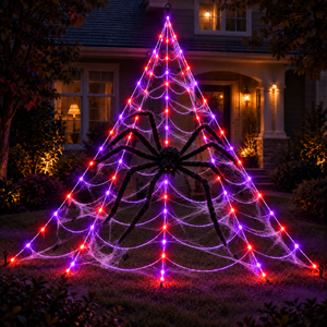 A large Halloween yard decoration shaped like a spider inside a triangular web frame, lit with purple, pink, and red LED lights on a lawn in front of a house at night.