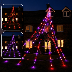 Red and purple LED web string lights shaped like a spider web on a house at night, with two inset images showing the light patterns from different angles.
