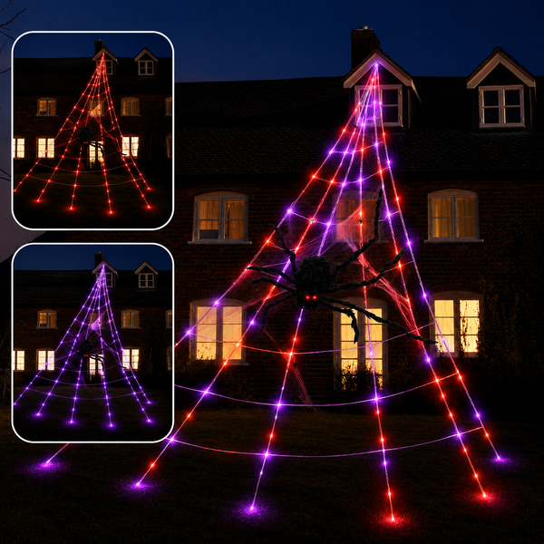 Red and purple LED web string lights shaped like a spider web on a house at night, with two inset images showing the light patterns from different angles.