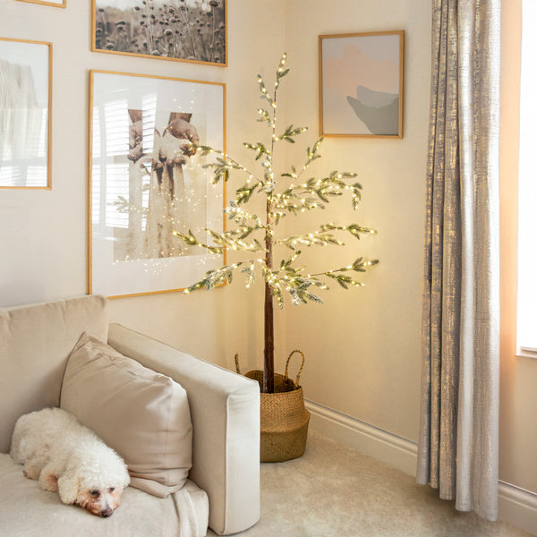 Living room with a white couch, decorative plant, and framed artwork on a beige wall.