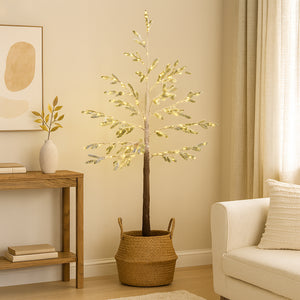 Decorative potted tree with lights in a living room setting