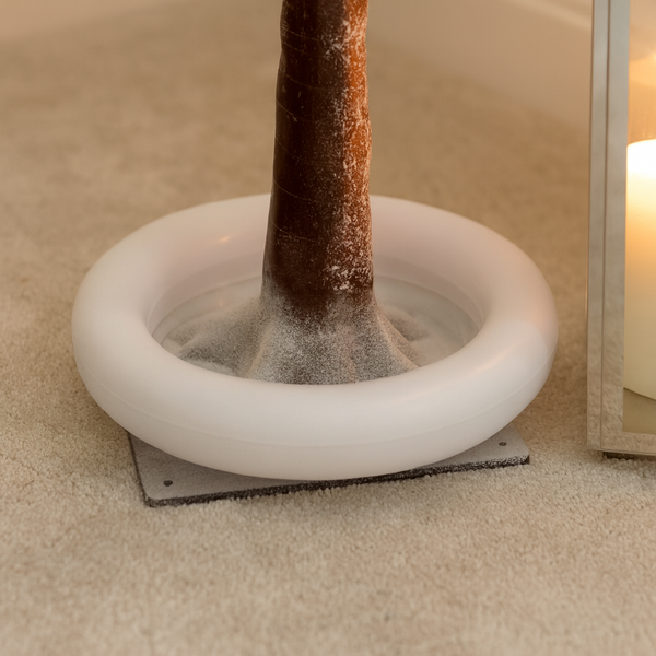 Close-up of a pipe with a white ring around it on a beige carpet.