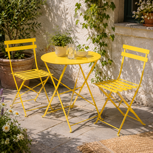A bright yellow three-piece outdoor bistro set consisting of a round folding table and two matching folding chairs, arranged on a stone patio in front of a white stucco wall with climbing green vines.