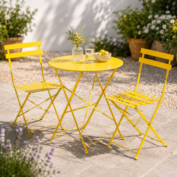 A bright yellow metal bistro set consisting of a round folding table and two matching folding chairs, styled on a stone patio with potted plants in the background.