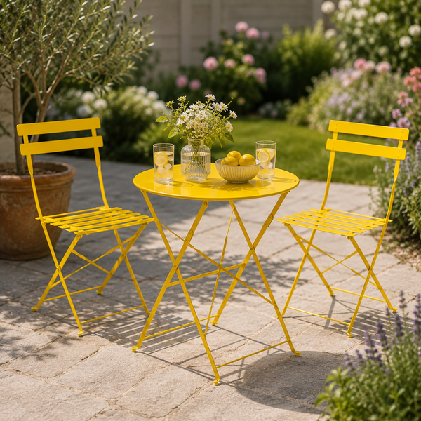 A bright yellow outdoor bistro set consisting of a round folding table and two matching folding chairs, arranged on a stone patio in a garden setting with a vase of flowers and glasses of lemonade.
