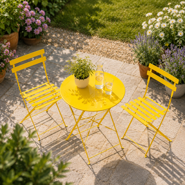 A bright yellow outdoor bistro set consisting of a round folding table and two matching folding chairs, arranged on a stone patio in a garden setting with potted plants and grass.