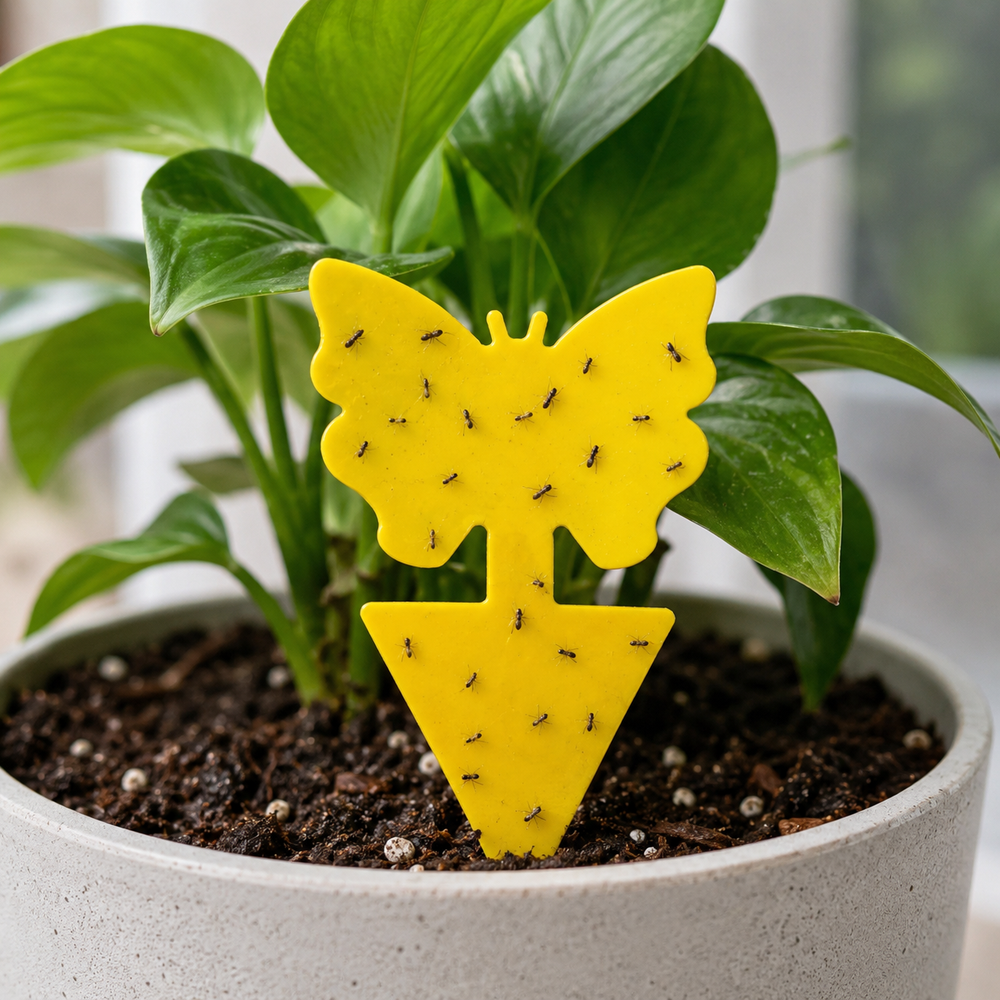 Yellow insect trap on a table with fruits and a plant in the background