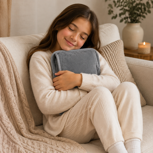 A young girl in a cozy cream-colored sweatsuit sits on a beige sofa, hugging a gray heated pillow. The scene is warmly lit with a candle on a side table in the background.