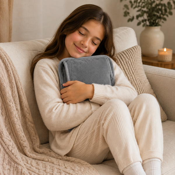 A young girl in a cozy cream-colored sweatsuit sits on a beige sofa, hugging a gray heated pillow. The scene is warmly lit with a candle on a side table in the background.