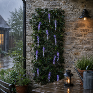 A vertical green wall garden with hanging purple wisteria flowers displayed on a rustic stone wall patio during a rainy day, with a lantern, watering can, and potted plants in the foreground.