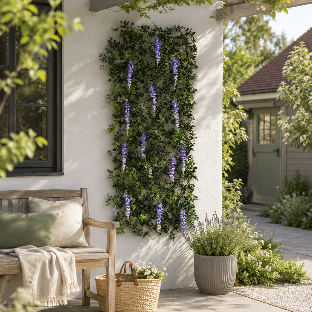 A vertical wall-mounted greenery garden wall with cascading purple wisteria flowers.