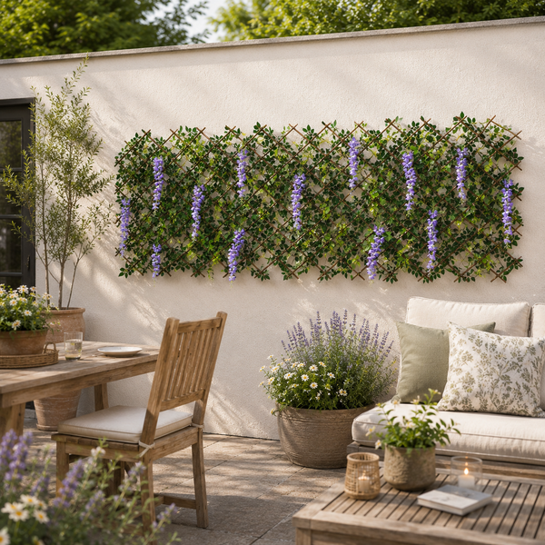 A styled outdoor patio scene with a white wall decorated with a green trellis covered in purple wisteria flowers. In the foreground, a wooden dining chair, dining table, coffee table, and a cream sofa with patterned pillows are arranged in a garden setting.