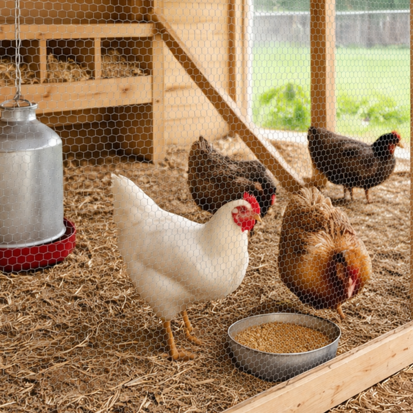 A white chicken stands in a wooden coop with wire mesh, eating from a metal bowl on straw bedding, with other chickens and farm equipment visible in the background.