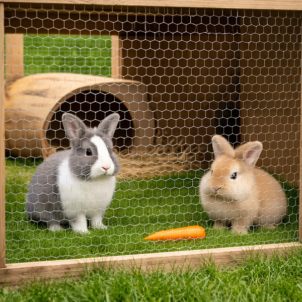 Two rabbits sitting inside a wooden rabbit hutch with wire mesh, on artificial grass with a carrot in front of them.