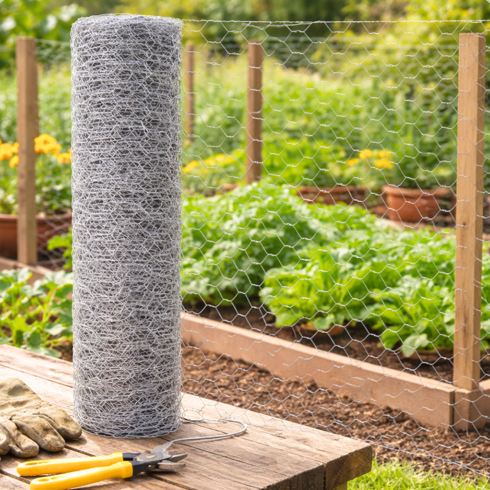 A roll of gray chicken wire mesh standing upright on a wooden table in a garden, with fencing posts and plants visible in the background. Yellow-handled pruning shears and gardening gloves sit on the table.