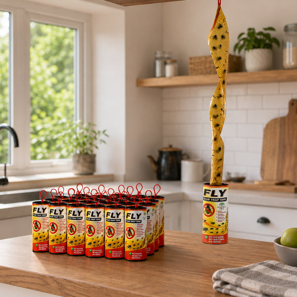 A kitchen countertop scene showing multiple tubes of FLY Fly Killer traps, with one trap hanging vertically above the counter. The traps are yellow with black spots and red hanging loops, set against a blurred modern kitchen background.