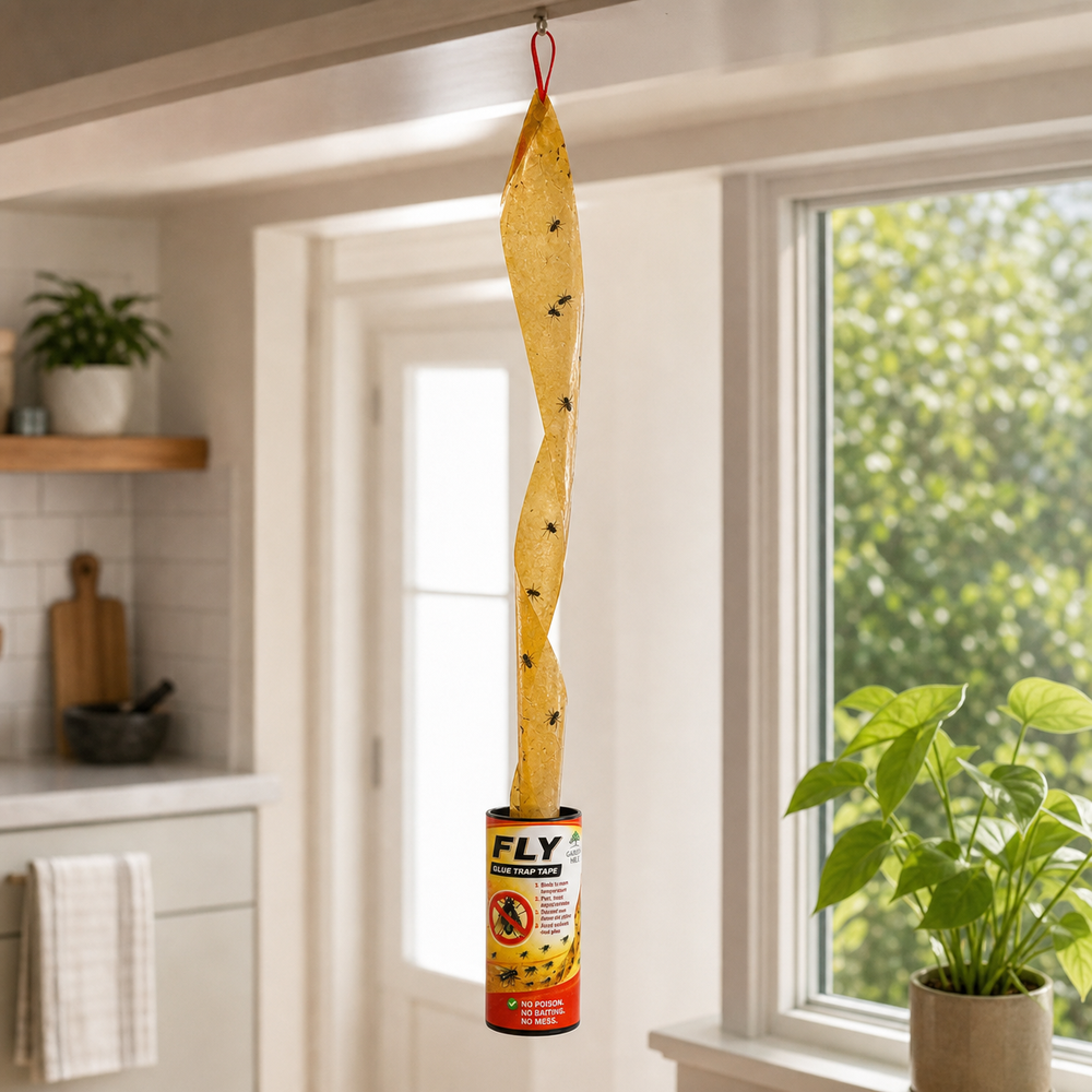 A yellow sticky fly trap with black speckles hangs from a red loop attached to a kitchen ceiling near a window. The trap is shown in a real kitchen environment with plants and cabinets in the background.