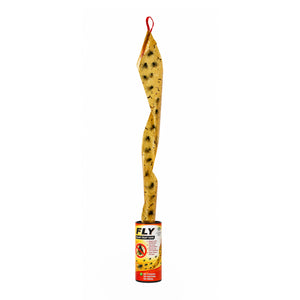 A yellow novelty belt with black spots and a red hanging loop, shown standing upright next to its red and white cylindrical packaging container on a white background.