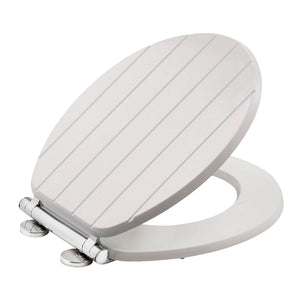 A white toilet seat with a matching oval lid and polished chrome hinges, shown on a solid white background.