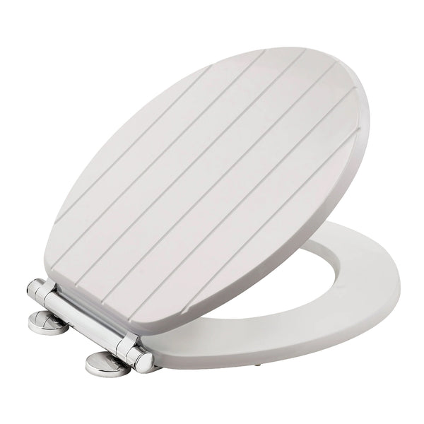 A white toilet seat with a matching oval lid and polished chrome hinges, shown on a solid white background.