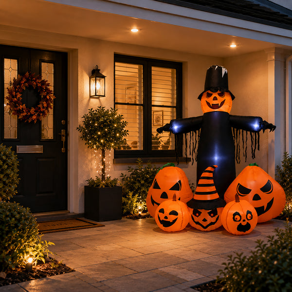 A large Halloween inflatable scarecrow decoration stands on a front porch at night, surrounded by several glowing jack-o'-lantern pumpkins. The scarecrow is black with a hat and has blue light accents, while the pumpkins are orange with carved faces.