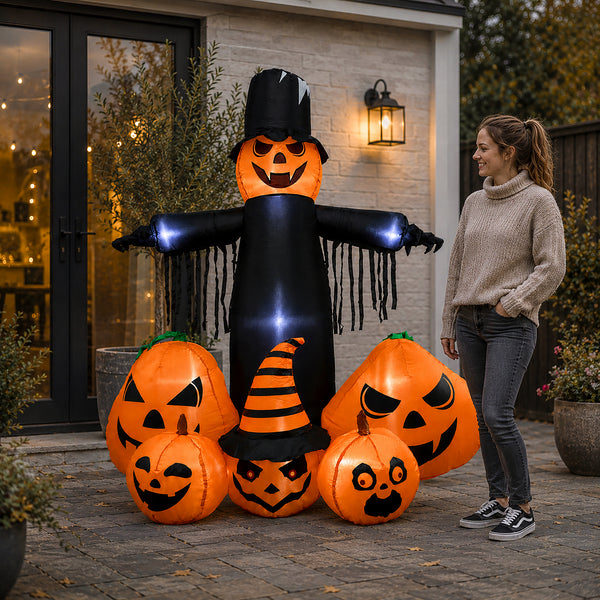 A woman stands beside a large Halloween inflatable decoration featuring a black scarecrow-like figure with glowing blue hands and multiple orange jack-o'-lantern pumpkins, set in front of a house patio at dusk.