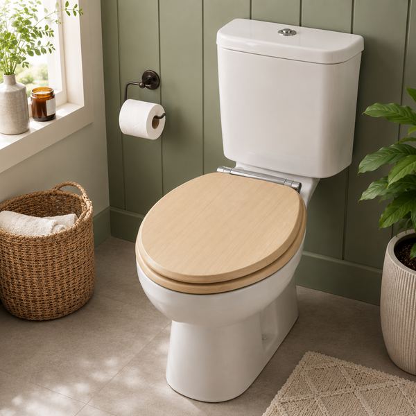 A white ceramic toilet with a light natural wood seat lid, shown in a styled bathroom setting with a sage green paneled wall, a woven basket, and potted plants.