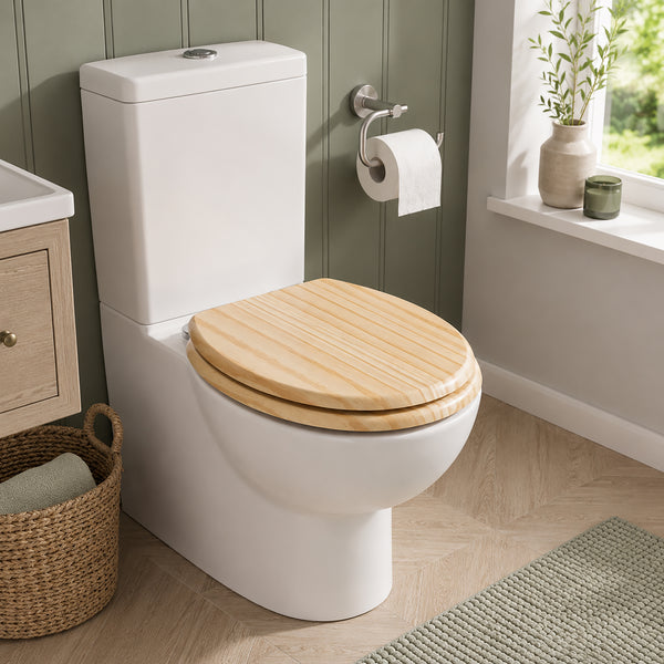 A white ceramic toilet with a light natural wood seat lid, shown in a styled bathroom setting with green paneled walls, a window, and a woven basket.