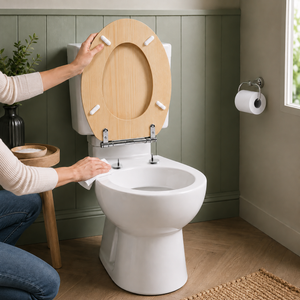 A person is shown from the side installing or adjusting a white ceramic toilet with a light natural wood seat and lid in a styled bathroom setting with sage green paneled walls and wood flooring.