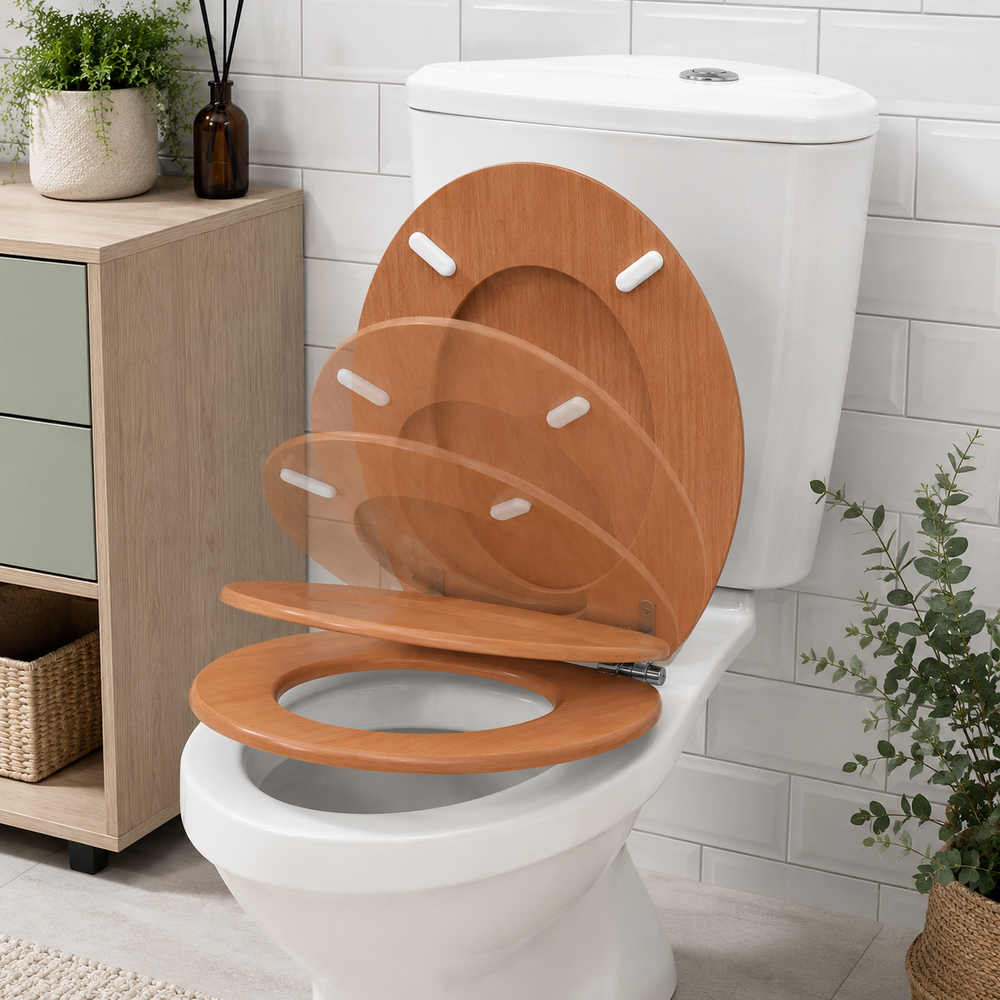 Dark pine wood effect MDF toilet seat with soft close lid