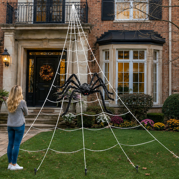 A woman stands on a front lawn looking at a large Halloween spider decoration suspended in a white spiderweb frame in front of a brick house.