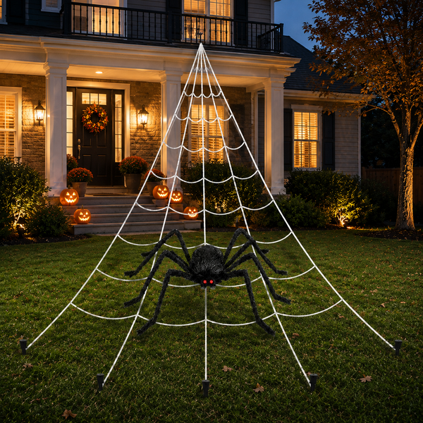 Outdoor Halloween yard decoration featuring a large black spider on a white web-like cone structure set in a front yard at dusk, with a house and lit pumpkins in the background.