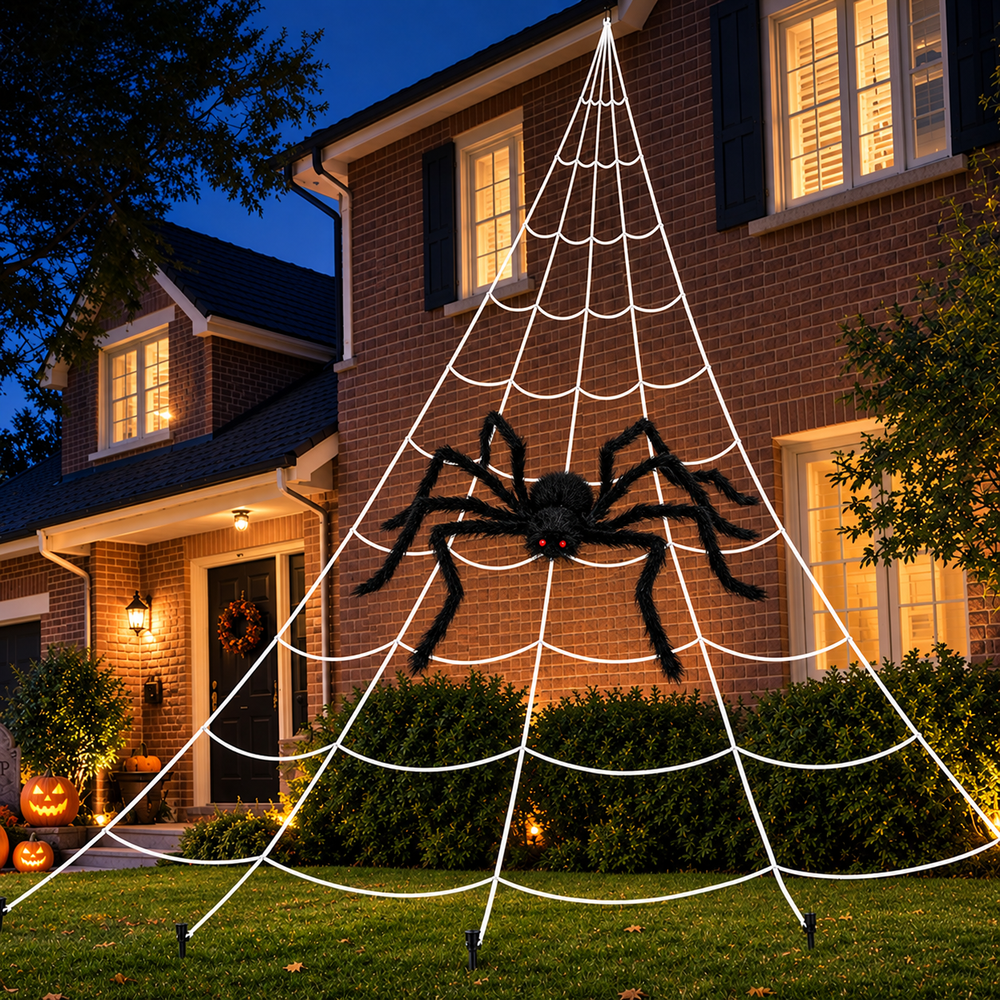 A large black spider decoration hanging from a white web-like Halloween yard display on the front lawn of a brick house at dusk.