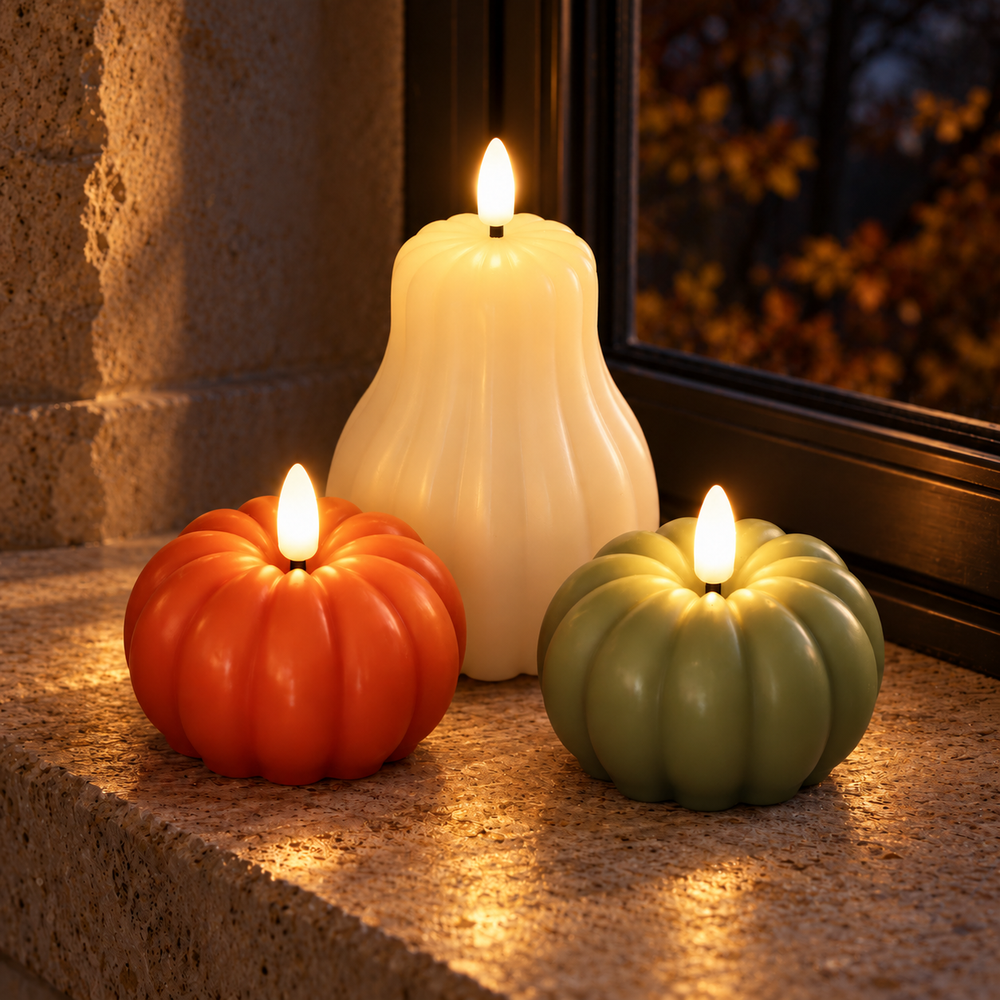 Three flameless LED candles shaped like a pear, pumpkin, and olive green pumpkin, arranged on a stone windowsill with warm light reflecting off the surface.