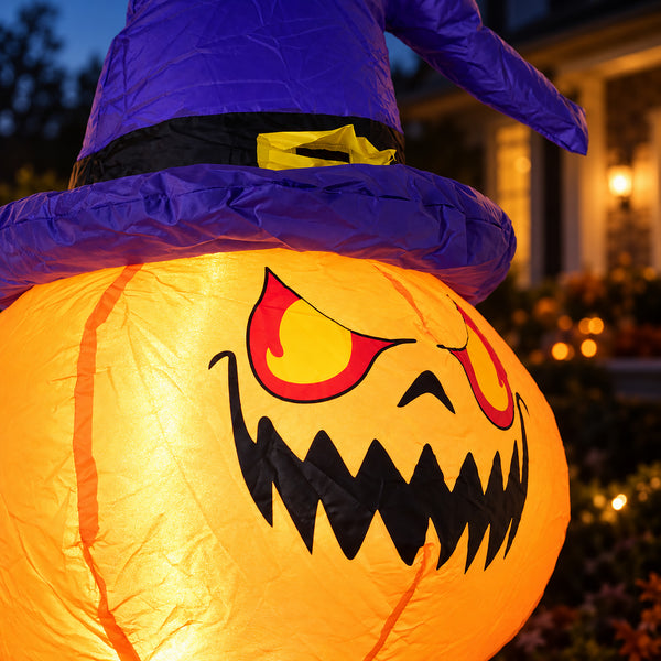 A large inflatable Halloween decoration shaped like a glowing orange jack-o'-lantern pumpkin with a purple witch hat and black band, photographed outdoors in front of a house at dusk.