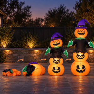 A Halloween inflatable decoration shown assembled on a patio at dusk, with a smaller disassembled view to the left and arrows indicating the assembly process. The decoration features three stacked glowing jack-o'-lantern figures with carved faces, a purple witch hat, black clothing, green leafy arms, and orange body panels.