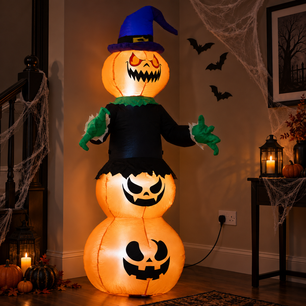 A large inflatable three-tiered snowman pumpkin decoration for Halloween, glowing with warm orange light. The top pumpkin wears a blue witch hat, the middle pumpkin has a black body with green hands, and the bottom pumpkin has a carved jack-o'-lantern face.