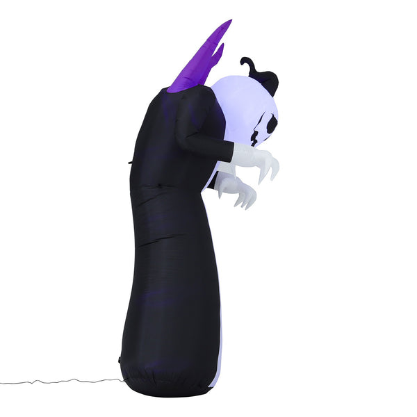Inflatable Halloween decoration of a ghostly figure in a long black robe with a white skull-like head, purple horn, and pale hands, shown on a plain white background.