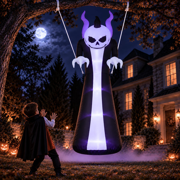 A large inflatable hanging ghost Halloween decoration with a skull face and glowing purple and white light, shown outdoors in a backyard at night with a child in a vampire costume looking up at it.