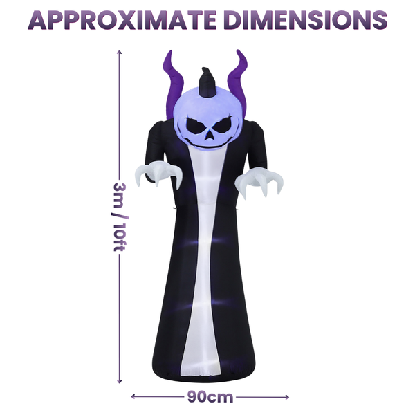 A tall inflatable ghost decoration with a black robe, white center panel, purple horns, and a purple skull face, shown on a white background with dimension arrows and text reading 3m / 10ft and 90cm.