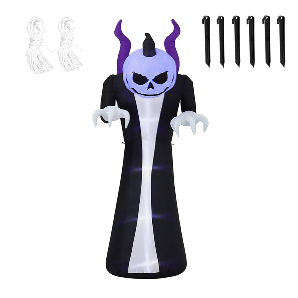 Inflatable ghost mannequin Halloween decoration with a skull mask, purple horns, black robe, and white details, shown with white ropes and six black stakes on a white background.